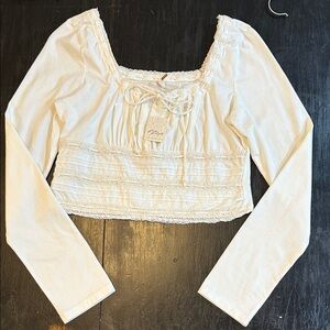 Free People White Crop Lace Detail Long Sleeved Blouse